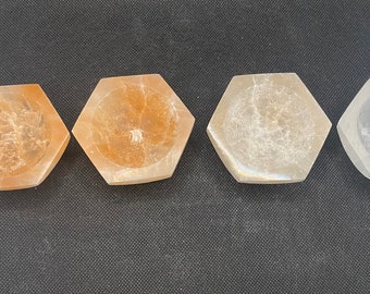Selenite Hexagon carved charging Bowl ring dishj white peach orange