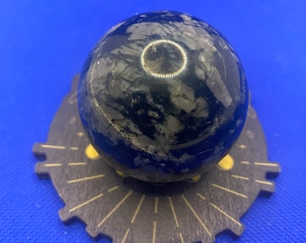 Merlinite Indigo Gabbro 49mm Gemstone Sphere with wood stand moon phase mystic hands