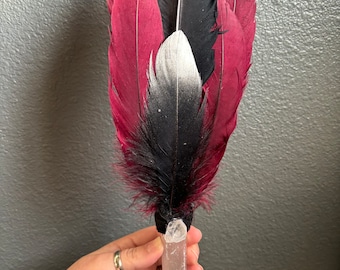 Red black silver feather selenite wand apophyllite crystal smudge fan