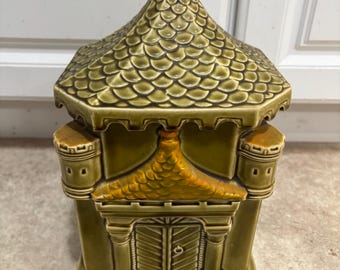 Vintage MCM Royal Sealy Japan Castle Cookie Jar Medieval Castle OIive Green