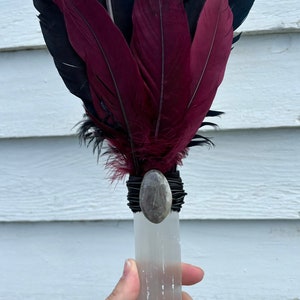 Large 16” Black and burgundy red smudge fan selenite labradorite altar tools ceremony cleanse palo santo sage smudging