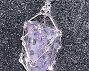 Silver tone cage necklace purple Dalmatian crystal