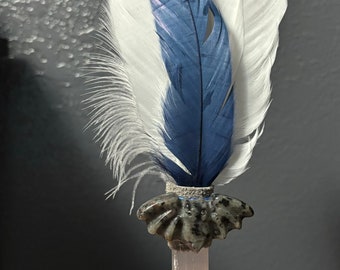 small crystal alter tool selenite handle Yooperlite UV glowing bat smudge fan