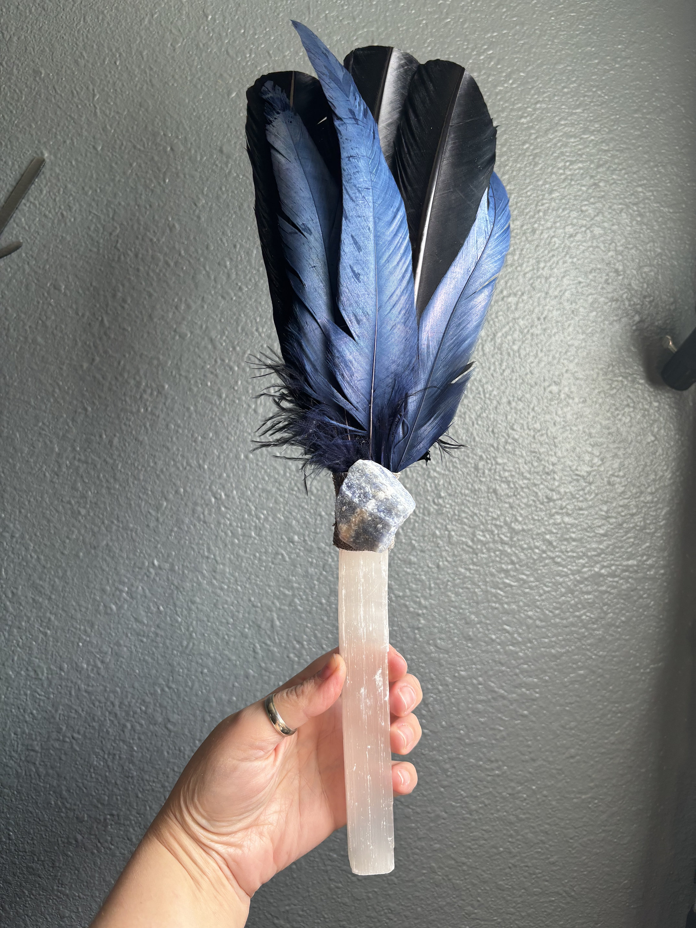Large 17" Black Blue feather Sodalite selenite smudge fan altar tools ceremony cleanse palo santo sage smudging