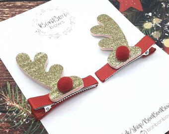 Rose Gold Fine Glitter Rudolph Reindeer Christmas Hair Bow 3 Inches Medium Clip