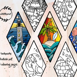 9 VACATION Printable Coloring Bookmarks of Scenery, Printable Bookmarks to Color, Bookmark, Instant Download, Detailed Bookmark