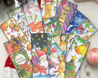 Könnte beinhalten: Ein Set aus zehn bunten Lesezeichen mit verschiedenen Weihnachtsmotiven, darunter Rentiere, Schneemänner und ein Weihnachtsbaum. Jedes Lesezeichen ist mit filigranen Details und leuchtenden Farben verziert.