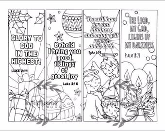 Set of 4 Christmas Color-Your-Own Bookmarks with Bible Verses, INSTANT DOWNLOAD Scripture Digital Printable, Christian Religious Bookmark