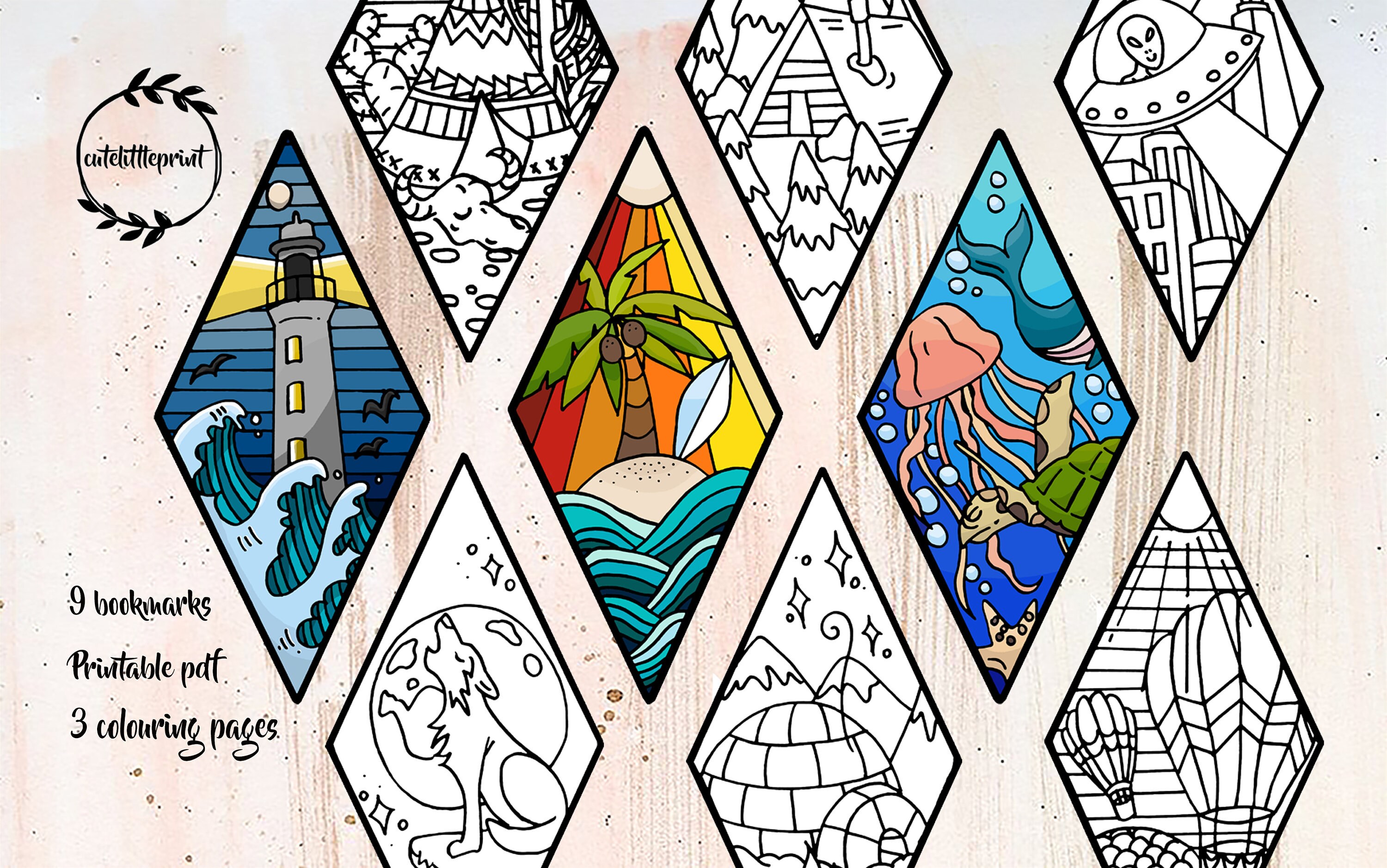 bookmark set of 9 printable coloring bookmarks of scenery instant download detailed bookmark printable bookmarks to color drawing illustration art collectibles jan takayama com