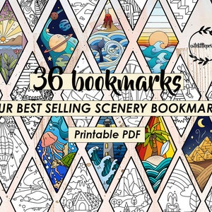 36 Printable Coloring Bookmarks of Scenery, Printable Bookmarks to Color, Bookmark, Instant Download, Detailed Bookmark