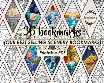Könnte beinhalten: Ein druckbares PDF mit 36 schwarz-weißen Lesezeichen mit verschiedenen Landschaftsillustrationen. Die Lesezeichen sind rautenförmig und enthalten Bilder von einem Heißluftballon, einem Leuchtturm, einer Palme, einer Qualle und vielem mehr. Der Text "36 bookmarks (OUR BEST SELLING SCENERY BOOKMARKS) Printable PDF" ist auf dem Bild zu sehen.