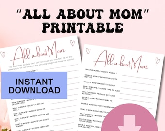 All About Mom Printable for Mother's Day, Mother's Day gift for Mom instant download printable worksheet