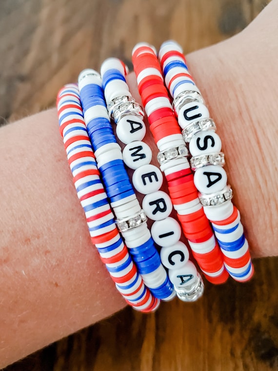 4th of July Bracelet Heishi Bead bundle, Americana style jewelry, Independence Day custom bracelets, Patriotic red white & blue bracelets