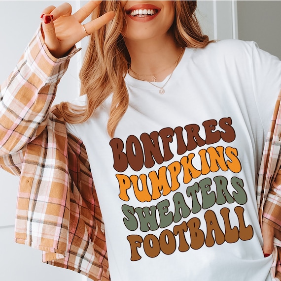 Bonfires Pumpkins Sweaters Football Vintage Retro Autumn Shirt, Gameday Tee, Fall Season Nostalgia, Groovy font fall shirt, pumpkin tshirt