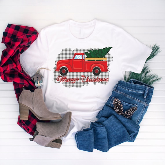 Merry Christmas buffalo plaid truck tshirt, Christmas tshirt for women, Women's Christmas tshirt, family group farmhouse gift