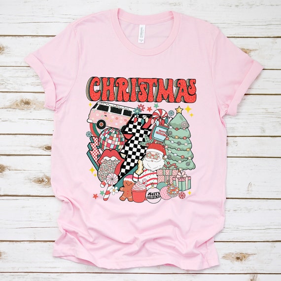 Retro Christmas shirt, funny vintage holiday tshirt, holly jolly christmas t-shirt, pink Christmas funny retro groovy holiday shirt