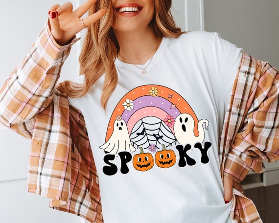 Retro Groovy Halloween Rainbow Ghosts T-Shirt - Spooky & Hippie Style Costume Tee for 2023