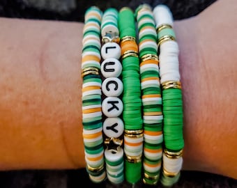 St Patrick's Day Lucky Heishi bracelet bundle stacked  bracelets, Personalized Heishi Bracelet for Women, Name Bracelet for Mom