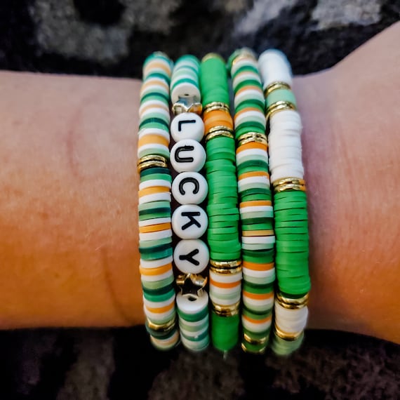 St Patrick's Day Lucky Heishi bracelet bundle stacked  bracelets, Personalized Heishi Bracelet for Women, Name Bracelet for Mom