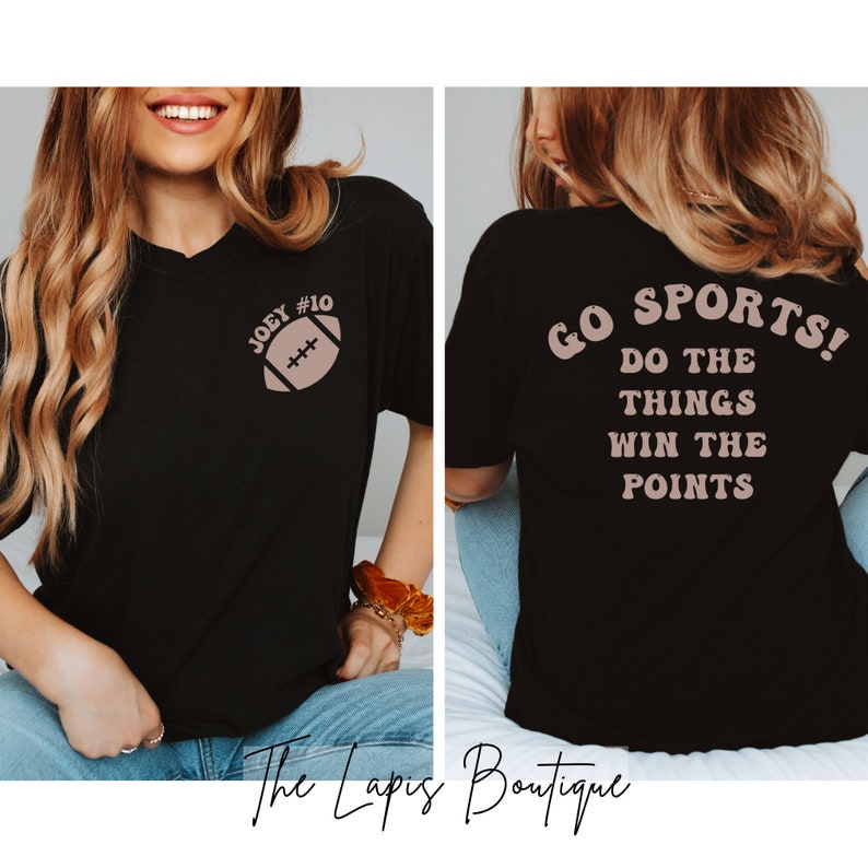 May include: Black t-shirt with a football graphic and the text "JOEY #10" on the front. The back of the shirt has the text "GO SPORTS! DO THE THINGS WIN THE POINTS" in a retro font.