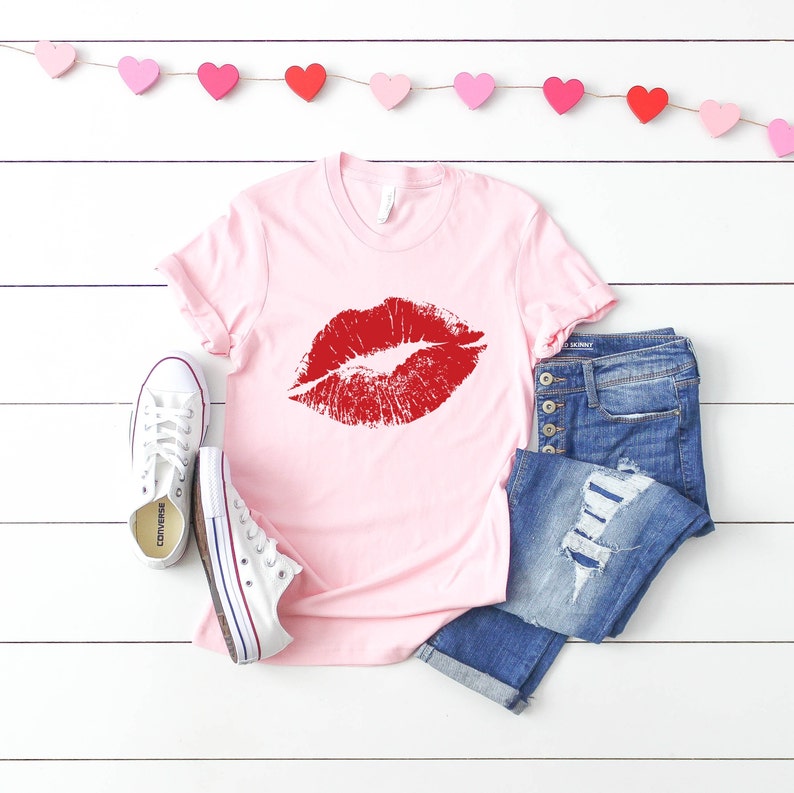 Valentine's Day tshirt red lips Valentines shirt womens tshirt for valentines day, cute Valentine's outfit red lips tshirt Pink