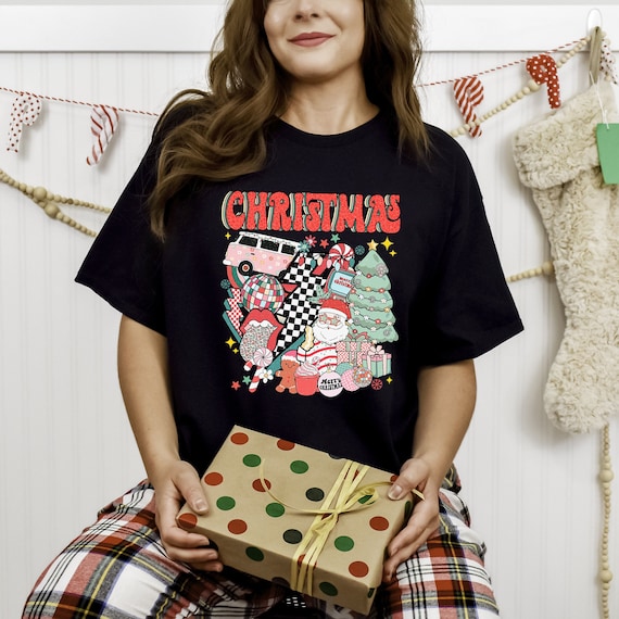 Retro Christmas shirt, funny vintage holiday tshirt, holly jolly christmas t-shirt, pink Christmas funny retro groovy holiday shirt