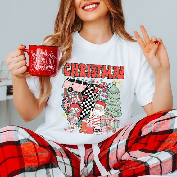 Retro Christmas shirt, funny vintage holiday tshirt, holly jolly christmas t-shirt, pink Christmas funny retro groovy holiday shirt