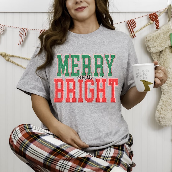 Merry and Bright Retro Christmas shirt, funny vintage holiday tshirt, holly jolly christmas t-shirt, pink Christmas retro groovy holiday tee