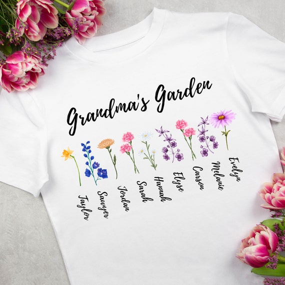 Personalized Grandma's Garden tshirt, Custom Birth Flowers and Kids Names, Unique Mother's Day or Christmas Gift Idea, Mama or Grandma Shirt