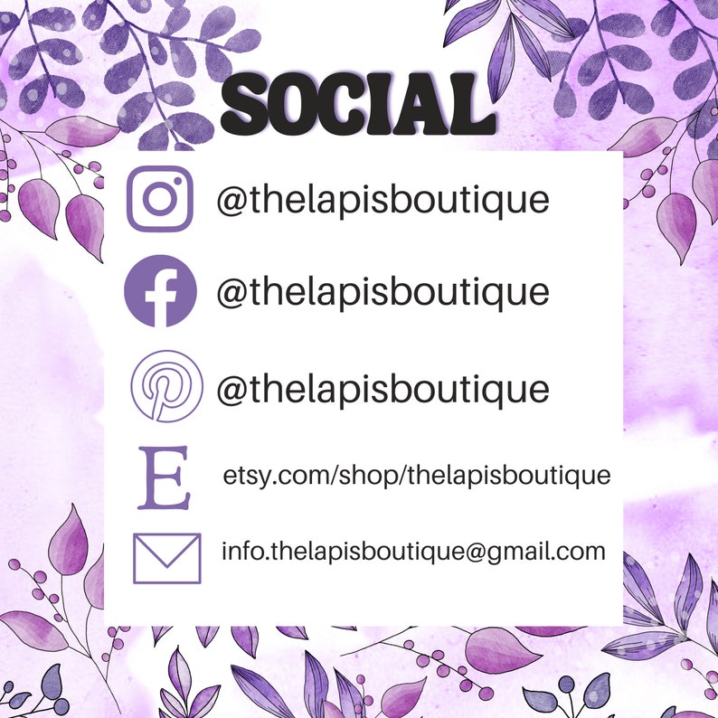 May include: Social media icons and contact information for thelapisburytique. The icons include Instagram, Facebook, Pinterest, Etsy, and email.