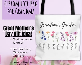 Grandma's Garden with Custom Birth Flowers and Kids Names Tote Bag - Mothers Day Gift - Unique Mama Gift - Personalized Christmas Gift