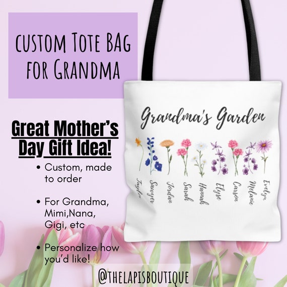 Grandma's Garden with Custom Birth Flowers and Kids Names Tote Bag - Mothers Day Gift - Unique Mama Gift - Personalized Christmas Gift