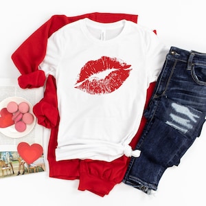 Valentine's Day tshirt red lips Valentines shirt womens tshirt for valentines day, cute Valentine's outfit red lips tshirt Solid White Blend