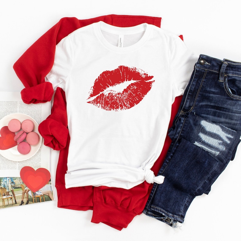 Valentine's Day tshirt red lips Valentines shirt womens tshirt for valentines day, cute Valentine's outfit red lips tshirt Solid White Blend