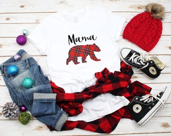 Mama Bear Christmas plaid tshirt, Family tshirts, Mama Bear shirt for Mom, Christmas family shirts