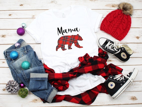 Mama Bear Christmas plaid tshirt, Family tshirts, Mama Bear shirt for Mom, Christmas family shirts