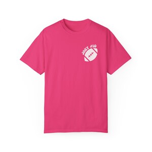 Personalized Football Mom T-Shirt: Custom Name & Number Heliconia