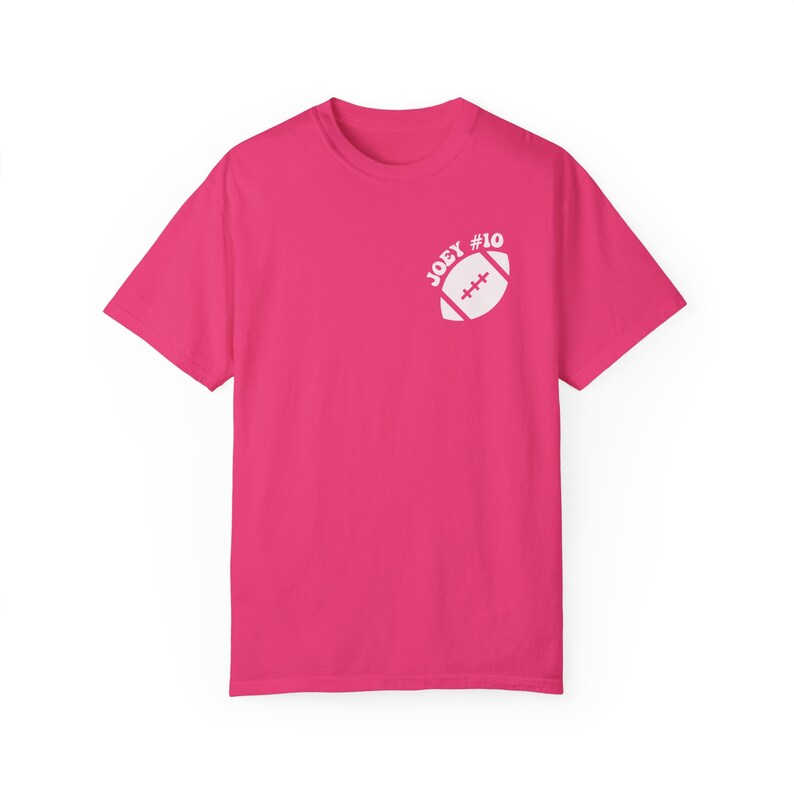 Personalized Football Mom T-Shirt: Custom Name & Number Heliconia