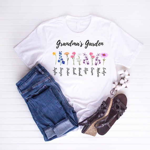 Personalized Grandma's Garden tshirt, Custom Birth Flowers and Kids Names, Unique Mother's Day or Christmas Gift Idea, Mama or Grandma Shirt