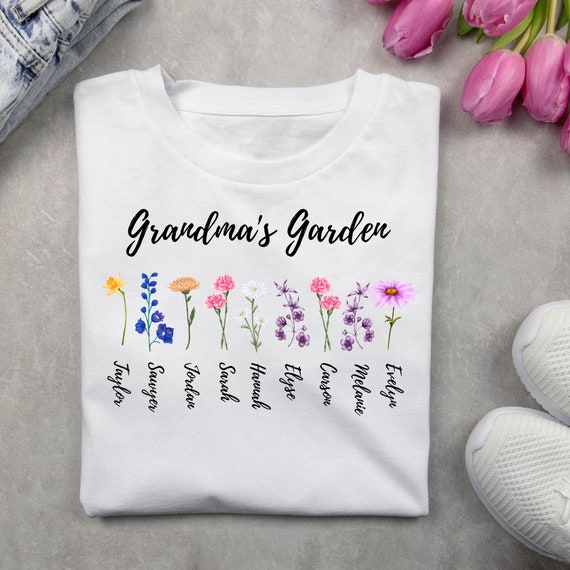 Personalized Grandma's Garden tshirt, Custom Birth Flowers and Kids Names, Unique Mother's Day or Christmas Gift Idea, Mama or Grandma Shirt
