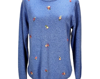 Women's Tulchan Medium Blue Cotton Floral Embroidered Crewneck Sweater Vintage