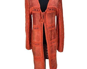 Women's VTG Robert Louis Medium Rust Suede & Hand Crochet Longline Boho Cardigan