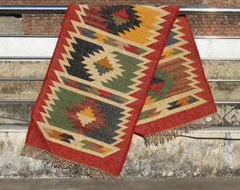 Kilim Stair Runner Rug- Wool Jute Rug, Rustic Decor Runner, Handmade Flatweave Runner for Living Room Hallway Kitchen Entryway Runner Rug