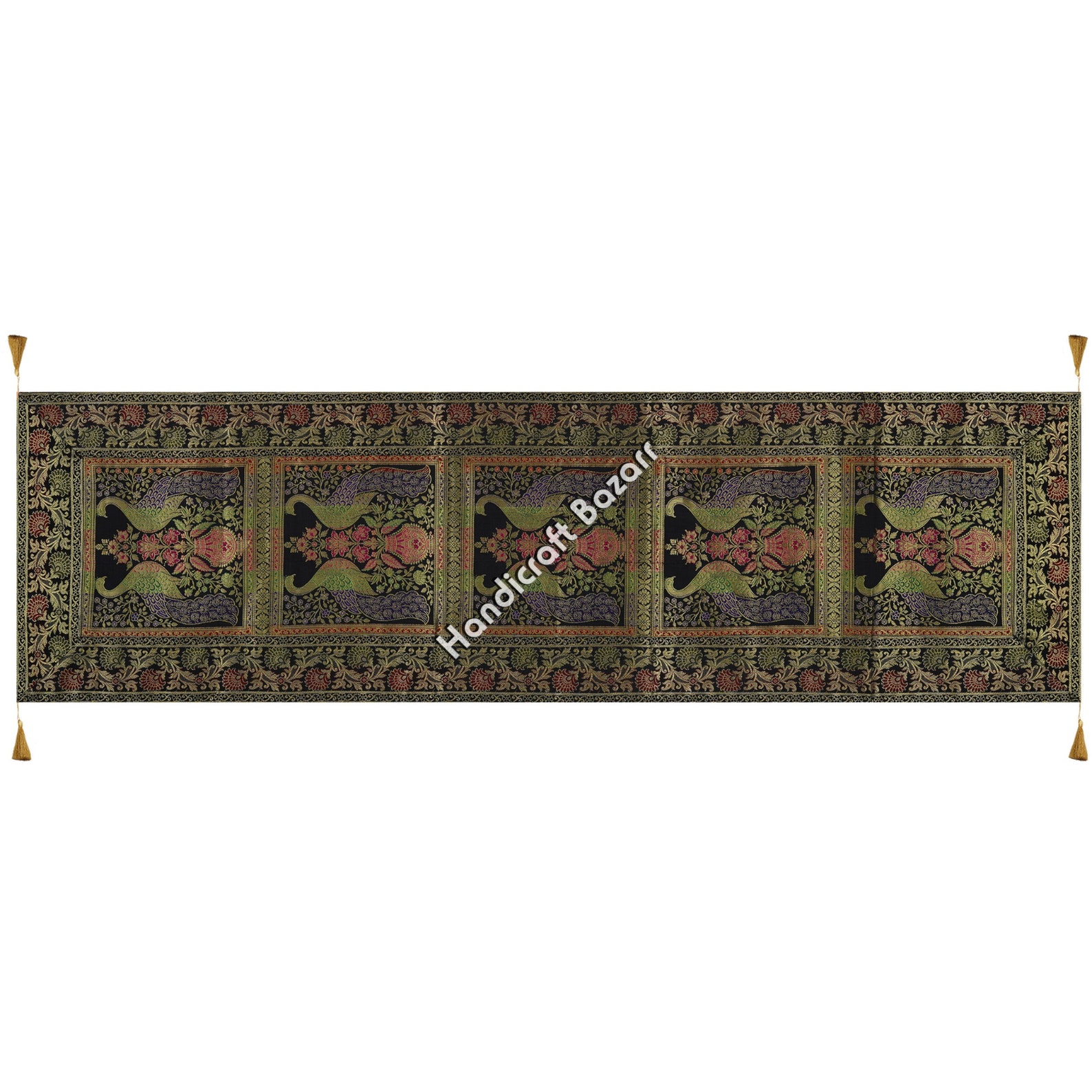 Ethnic Home Decorative Brocade Table Runner Black Gold 16x60 Inches