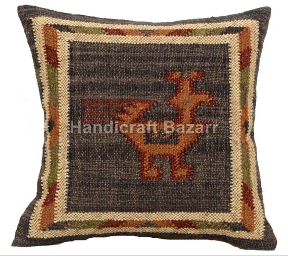 18/" Cushion Cover Rustic Wool Jute Pillow Case Killim Design Hand knotted Shams