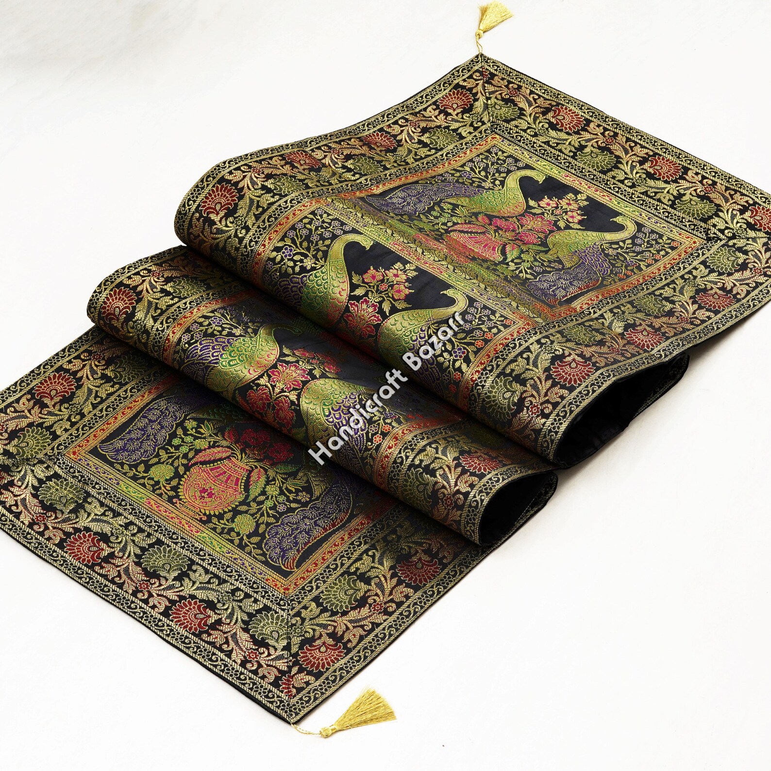 Ethnic Home Decorative Brocade Table Runner Black Gold 16x60 Inches