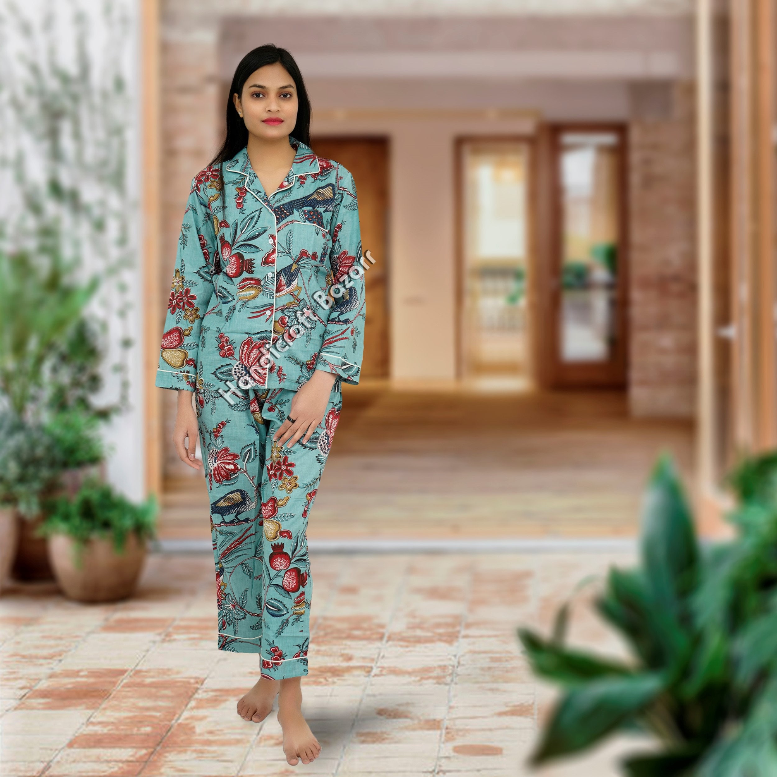 Bridesmaid Pajamas Dress Floral Print Night Wear Soft & Comfortable Comfy Pajama Set 100% Cotton Indian Long Cotton Pajamas