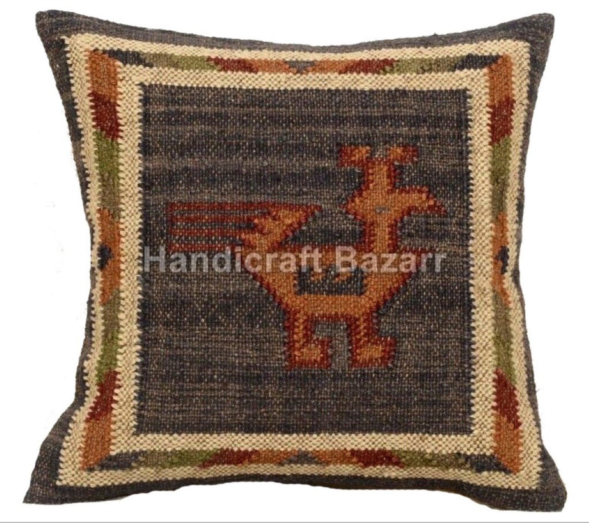 Wool Jute Hand Woven Kilim 18x18 Cushion Cover Throw Rustic Pillows Cases 1092 