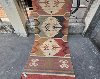 Kilim Stair Runner Rug, Handmade Wool Jute runner, Tribal Flat-weave Entryway Runner, Rustic Eco-friendly Rug for Kitchen Hallway Patio Rugs