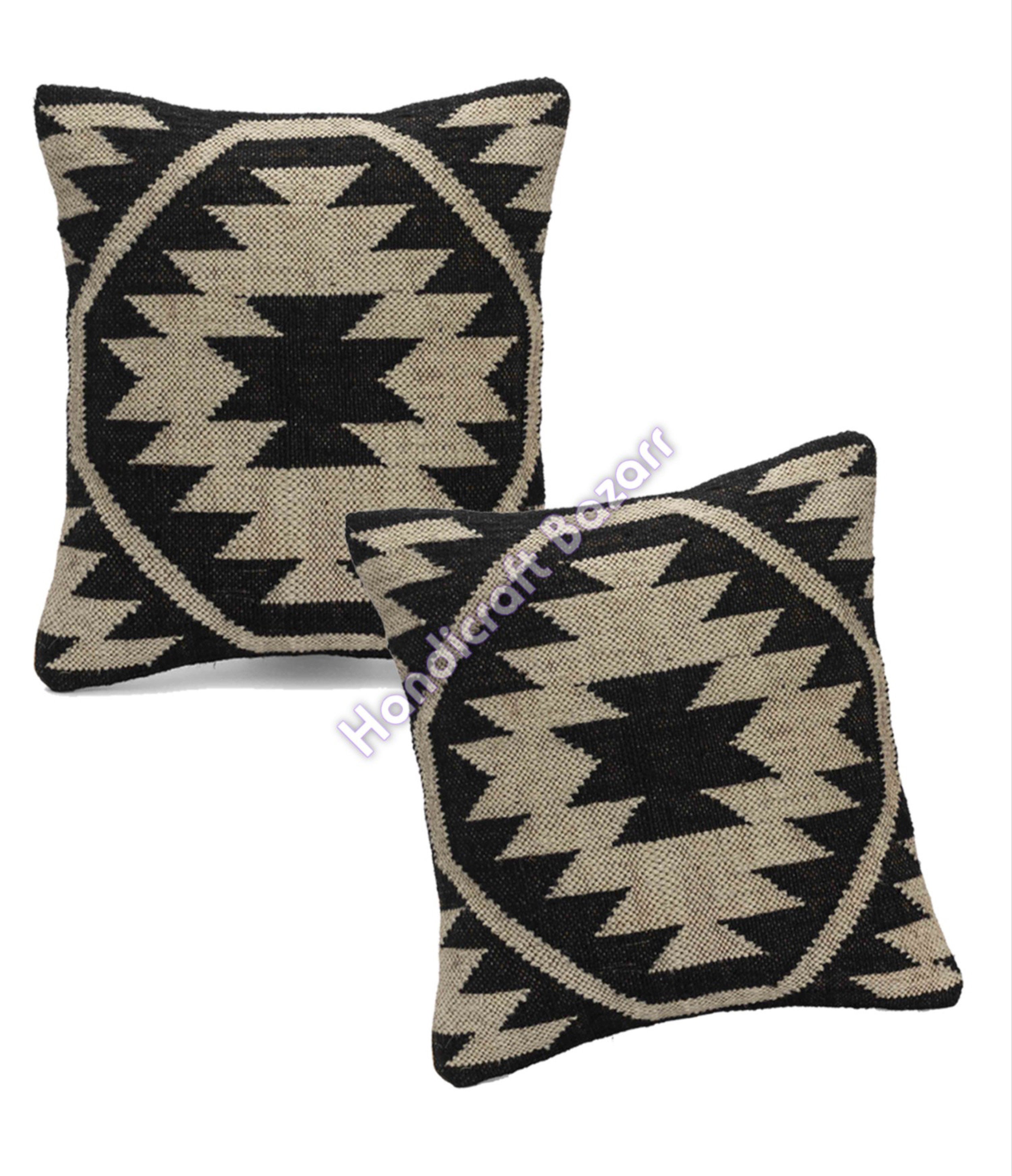 2 PC Wool Jute Cushion Cover Vintage Throw Indian Handwoven Euro Sham Hippie 18" 